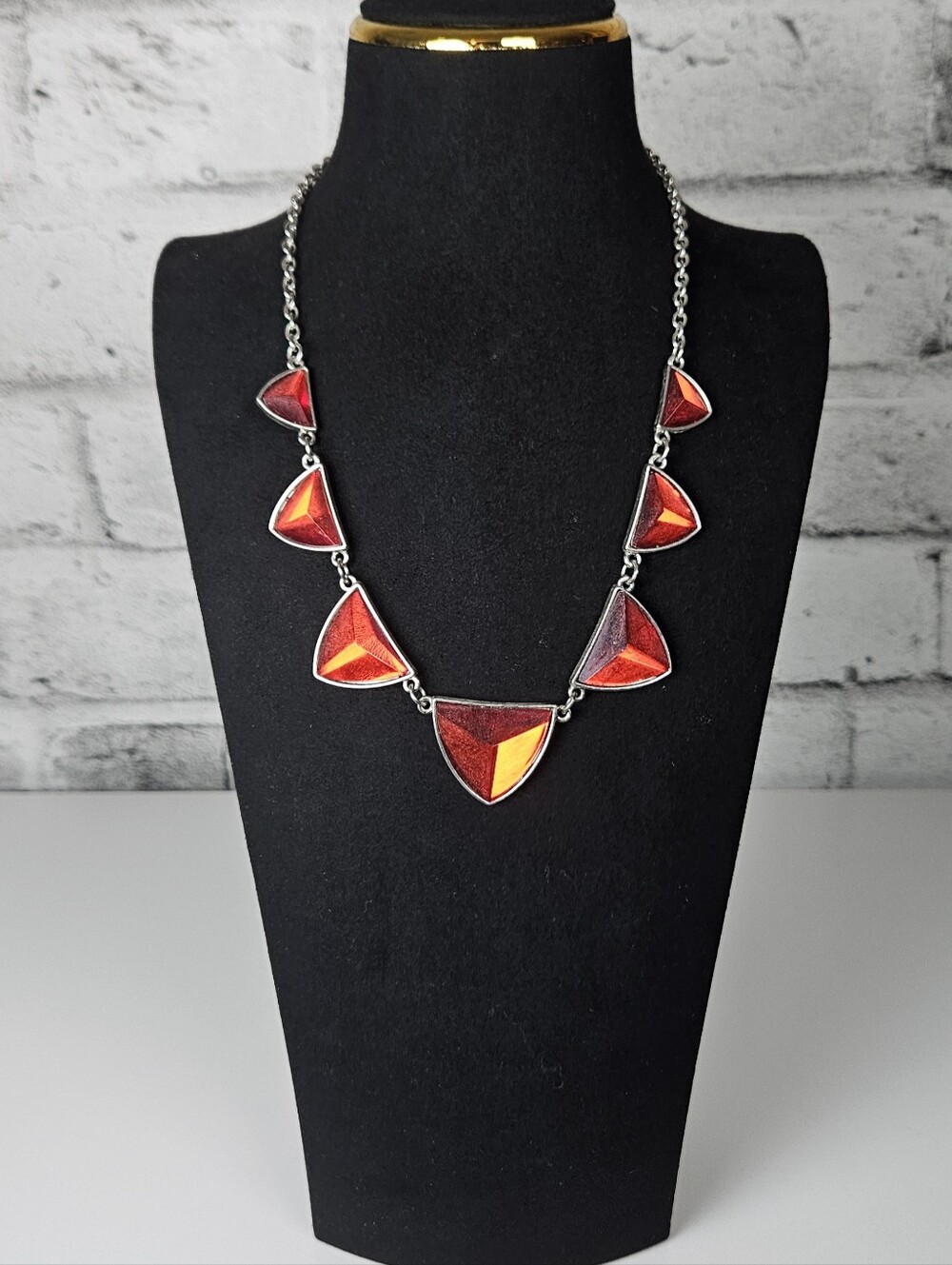 Red Faceted Geometric Statement Necklace Silver Tone Y2K Modernist